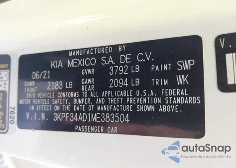 2021 Kia Forte Gt-Line z USA, uszkodzony, nr VIN 3KPF34AD1ME383504